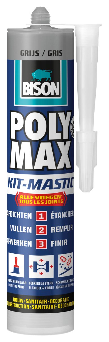 Bison Poly Max Kit grau Tube 280 ml, All-in-1-Kit, wasserdichte Versiegelung, universell, drinnen und draußen. Füllung, temperaturbeständig von - 40°C bis + 100°C