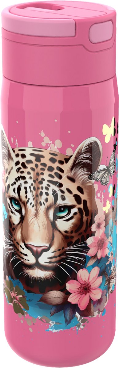 Lunch Buddies Leopard – Trinkflasche mit floralen Schmetterlingen – mit Trinkhalm – doppelwandig – hält 12 Stunden kalt – Edelstahl – 500 ml – schließt gut – Trinkflasche für Kinder – BPA-frei – rosa