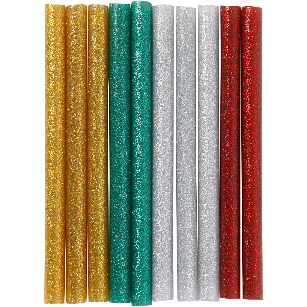 Creativ Company Klebestifte Mini, L: 10 cm, D 7 mm, Glitzer, Gold, Grün, Rot, Silber, 10 Stück 1 Box