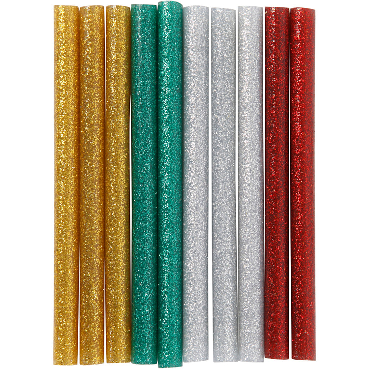 Creativ Company Klebestifte Mini, L: 10 cm, D 7 mm, Glitzer, Gold, Grün, Rot, Silber, 10 Stück 1 Box