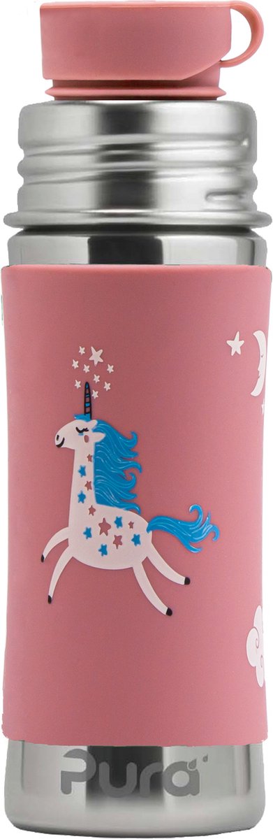 Pura Sportflasche 325 ml – Trinkflasche – Trinkflasche – plastikfrei – rostet nicht – spülmaschinenfest – inklusive Sporthülle und Sportkappe – Oberteil austauschbar – vielseitig einsetzbar – rosa Einhorn