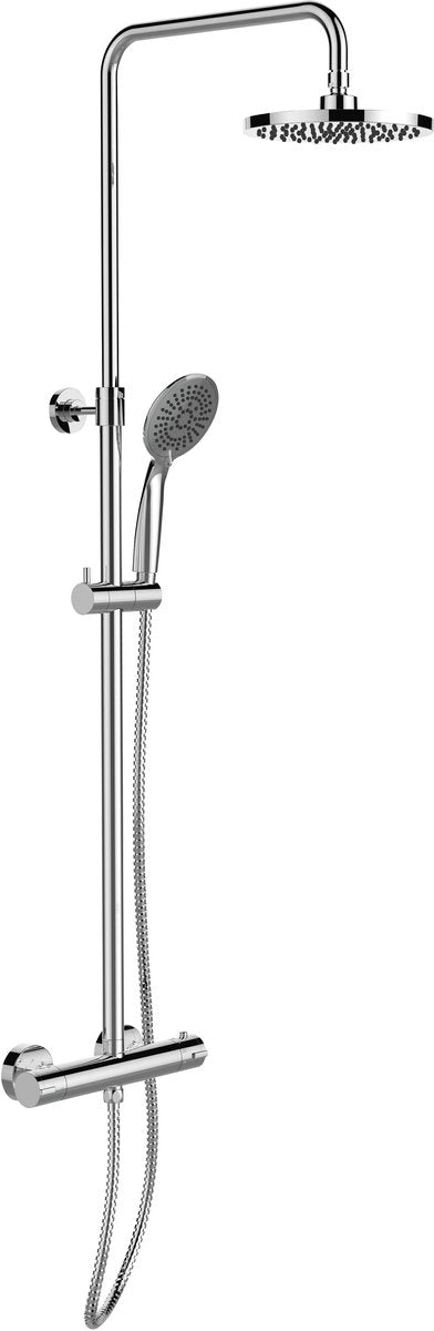 Wenko Duschset Young Eco in Chrom mit Regenbrause ø20cm, Edelstahl-Duschstange ausziehbar von 75-120cm, Brausekopfhalter, Brausekopf ø11cm mit 5 Positionen, Brauseschlauch 150cm und Thermostat-Duscharmatur - wassersparend - Regenduschset - Duschsystem