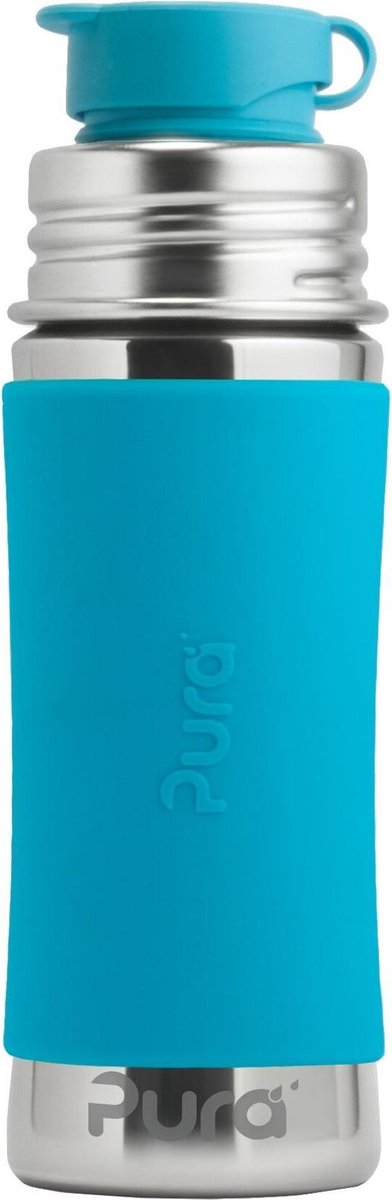 Pura Sportflasche 325 ml – Trinkflasche – Trinkflasche – plastikfrei – rostet nicht – spülmaschinenfest – inklusive Sporthülle und Sportkappe – Oberteil austauschbar – vielseitig einsetzbar – Aqua