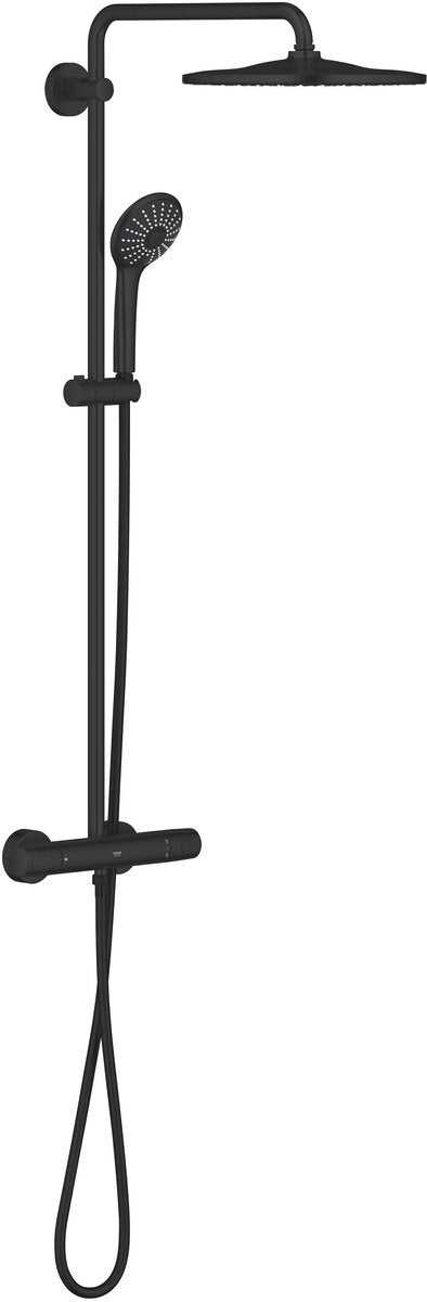 Grohe Vitalio Joy 310 Duschsystem mit Cooltouch-Thermostatarmatur – 310 mm Kopfbrause und 110 mm Handbrause mit 3 Strahlarten – wassersparend – Wandmontage – mattschwarz