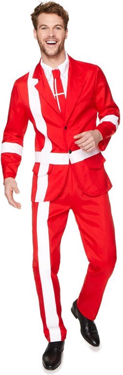 Partychimp Karnevalskostüme Dänisches Faschingskostüm Dänemark Karnevalskleidung Herrenkarneval – Polyester – Rot Weiß – Größe L – 4-teilige Jacke, eingenähtes Hemd, Krawatte, Hose