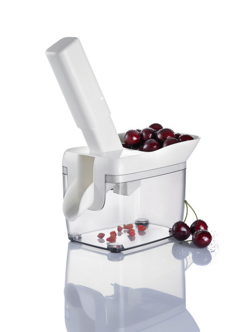Westmark Kirschentstapler mit Trichter, Kernkasten und Rezeptheft, Höhe: 30 cm, Edelstahl-Kunststoff, Kernfix, weiß dunkelgrau transparent, 40352260