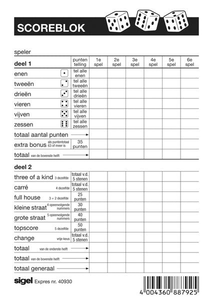 Expres Express Score Block Sigel für Yahtzee