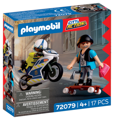 Playmobil City Action Polizei-Motorrad-Verfolgungsjagd | Polizist jagt Dieb auf Longboard | regt die Kreativität an | Kinderspielzeug für Kinder ab 4 Jahren | 72079