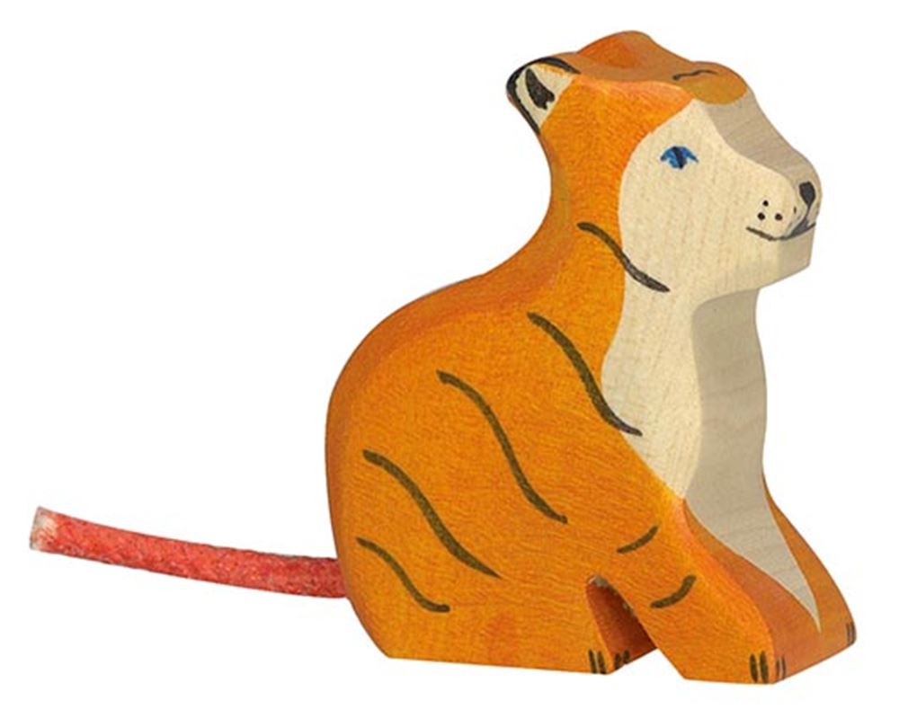 Holztiger Tiger, klein, sitzend. 6 cm.