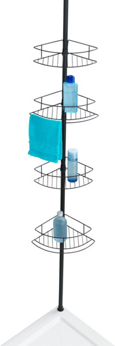 Wenko Teleskop-Duschregal Dolcedo 4-lagiger Edelstahl schwarz – ausziehbar von 65 bis 275 cm – Duschkorb – Montage ohne Bohren