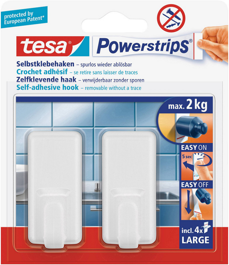 Tesa-Klebehaken mit weißen Steckdosenleisten