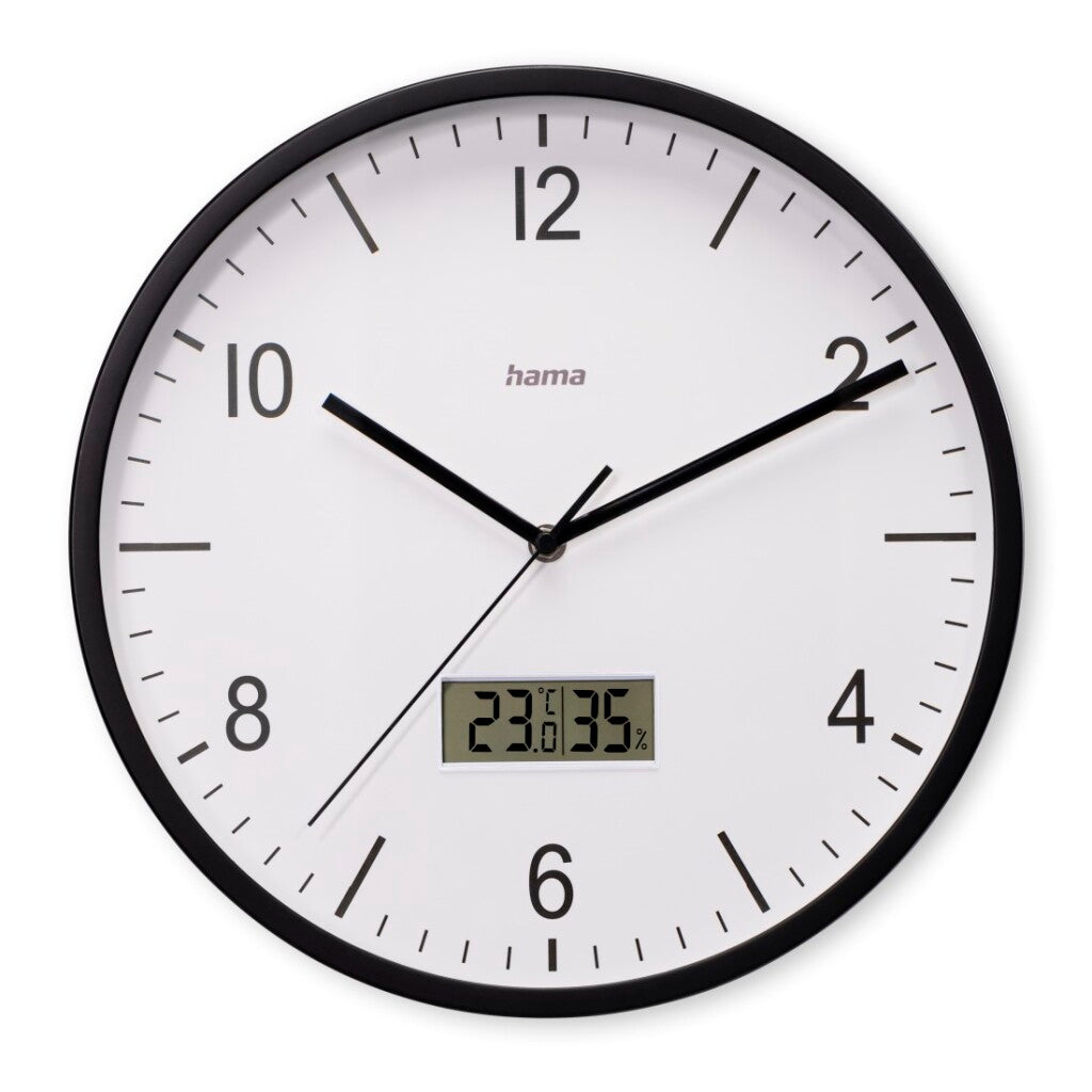 Hama DCF-Wanduhr Lanzarote tickt nicht + Thermometer und Hygrometer 35 cm schwarz-weiß
