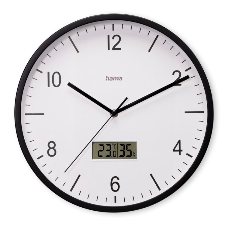 Hama DCF-Wanduhr Lanzarote tickt nicht + Thermometer und Hygrometer 35 cm schwarz-weiß