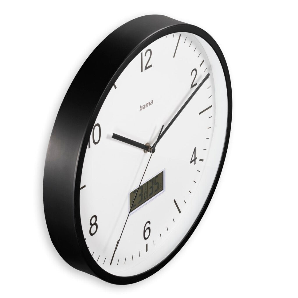 Hama DCF-Wanduhr Lanzarote tickt nicht + Thermometer und Hygrometer 35 cm schwarz-weiß