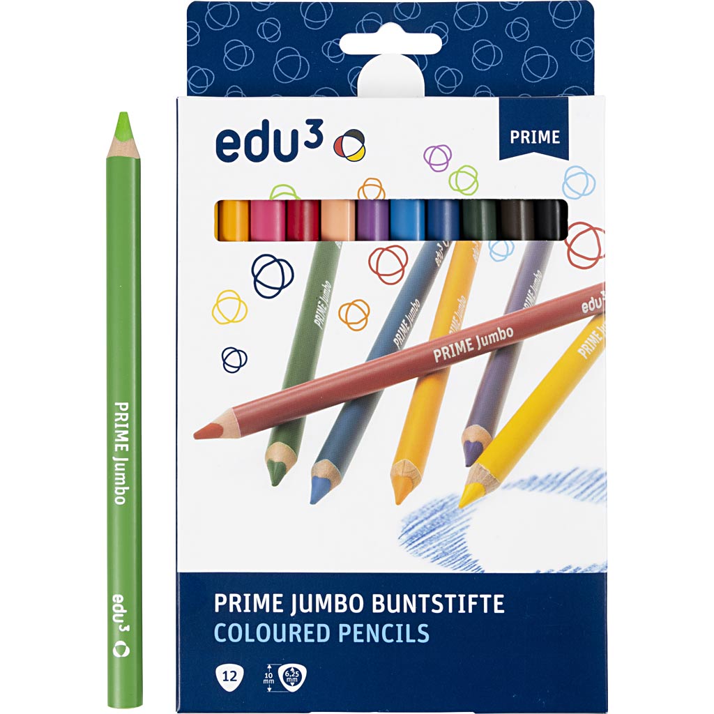 Edu3 Edu Jumbo Buntstift, Stärke 10 mm, Mine 6,25 mm, verschiedene Farben, 12 Stück 1 Box