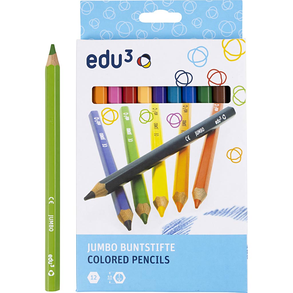 Edu3 Edu Jumbo Buntstifte, Stärke 10 mm, Mine 5 mm, verschiedene Farben, 12 Stück 1 Box