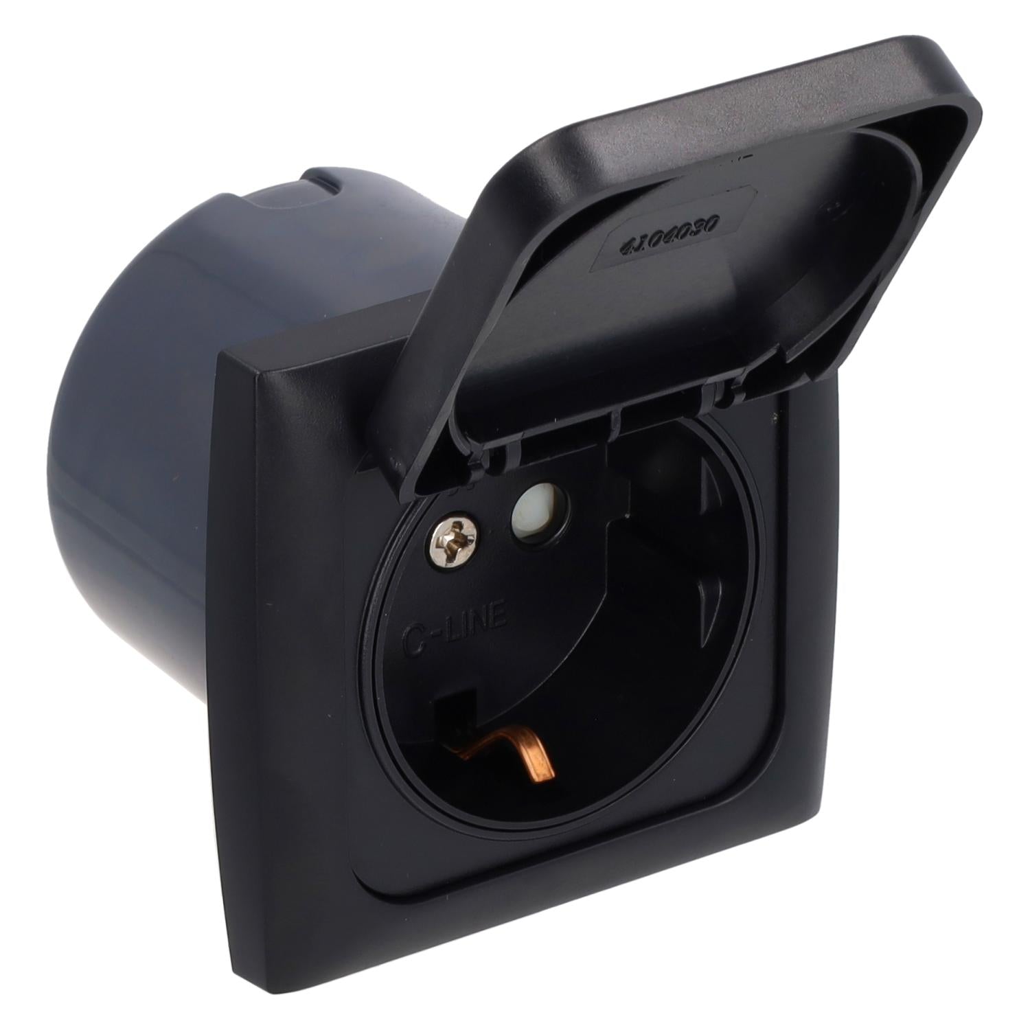 C-Line-Wandsteckdose 230 V mit Klappdeckel + schwarzem Opal-Abdeckrahmen