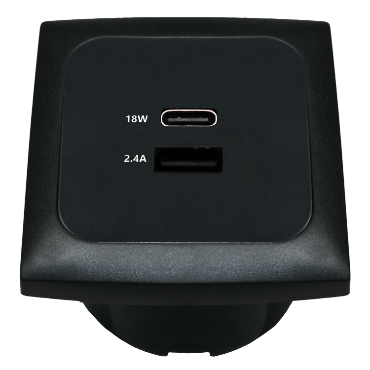 C-line USB-Ladesteckdose mit USB-A und USB-C mit opalem Abdeckrahmen schwarz – ohne Verkaufsverpackung