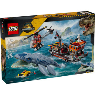 Lego Jurassic World Mosasaurus Boat Attack Dinosaurierspielzeug für Kinder 77983