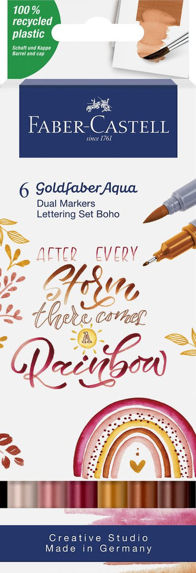 Faber-Castell – Duo-Aquarellmarker – Goldfaber – Etui 6 Stück – Boho-Schriftzug-Set – Pinsel 0,6 mm – FC-164518