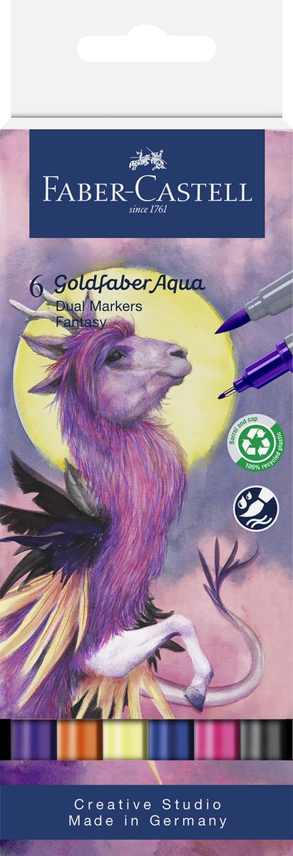 Faber-Castell – Duo-Aquarellmarker Goldfaber – Etui 6 Stück Fantasy – Pinsel 0,6 mm – FC-164526