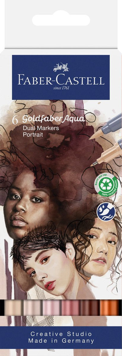 Faber-Castell – Duo-Aquarellmarker Goldfaber – Set 6 Stück Porträt – Pinsel 0,6 mm – FC-164523