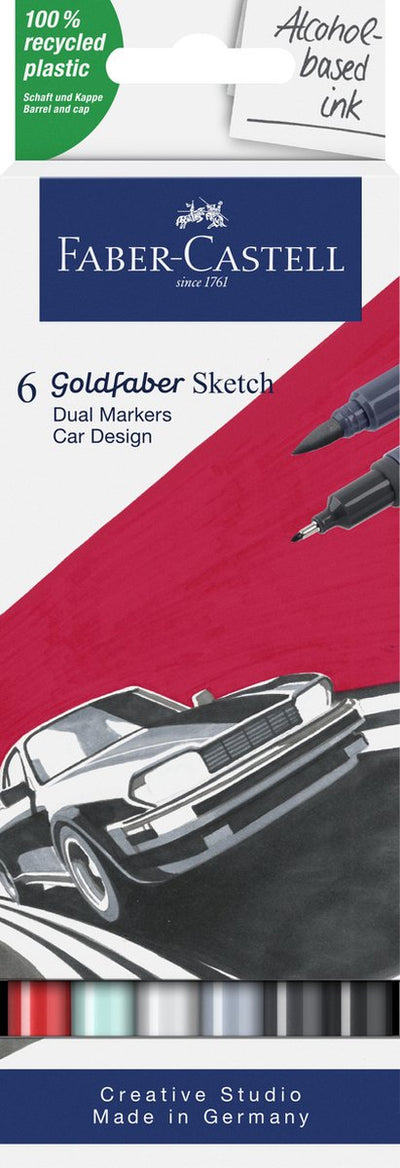 Faber-Castell Skizzenmarker – Goldfaber – Auto-Design-Set – 6 Farben – Alkoholmarker – FC-164813