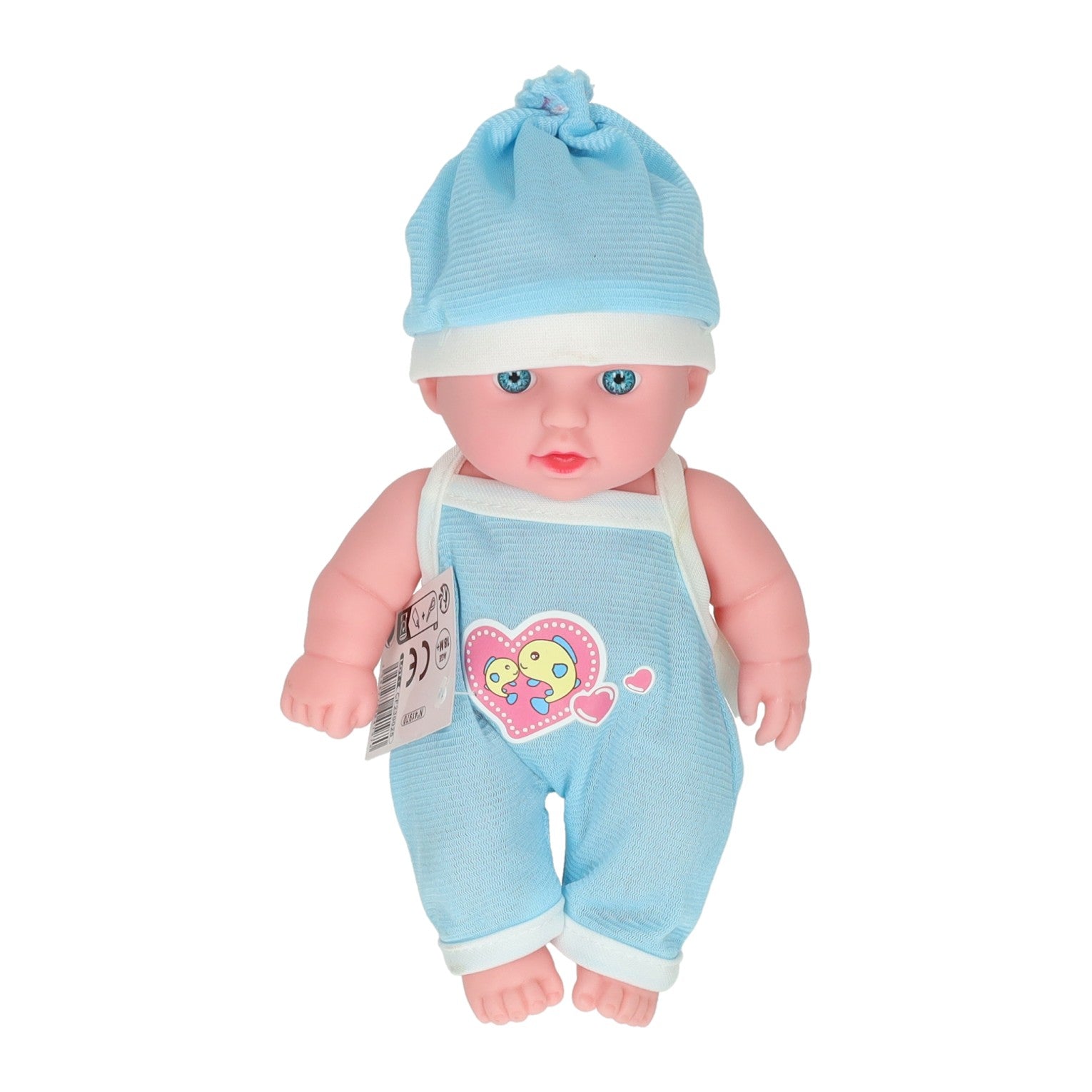 Babypuppe mit Herzstrampler und Mütze