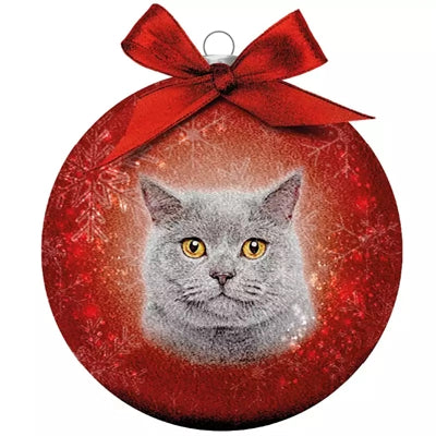 Viele Geschenke Weihnachtskugel gefrostet graue Katze rot
