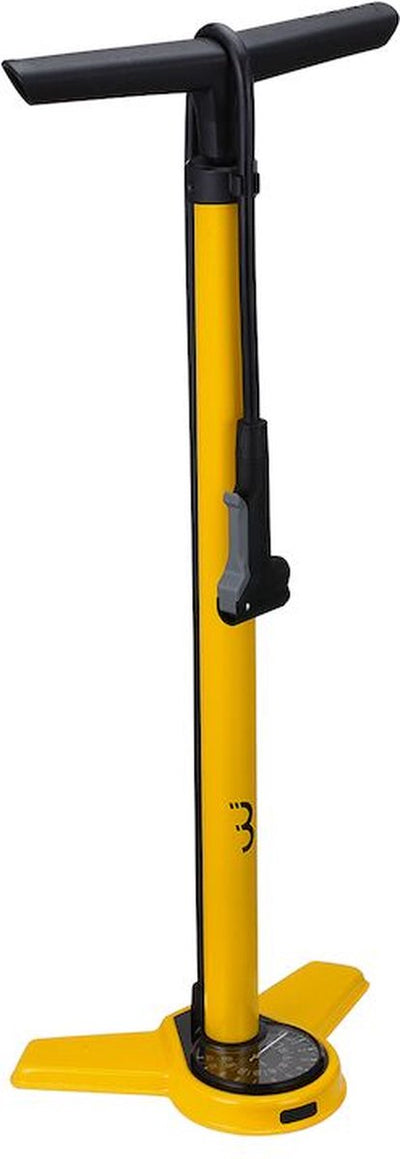 Bbb Cycling Airsteel Fahrradpumpe mit Manometer – 11 bar 160 psi – Ventile: Dunlop, Presta Schräder – Hochdruck-Standpumpe für Rennrad und MTB – Gelb – BFP-27