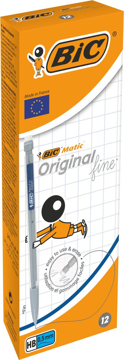 Bic matic original feiner 0,5 mm HB-Druckbleistift – verschiedene Gehäusefarben – Schachtel mit 12 Stück
