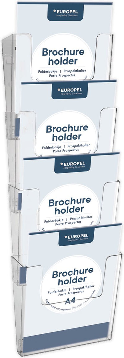 Europel Prospektablagen mehrfach - Flyer, Mappen, Visitenkarten - 4x A4 hoch - 21 x 29,7 cm - Kristallklare Präsentation - Messen und Büros - 4 Einzelteile zur Wandmontage und selbst zusammenstellbar
