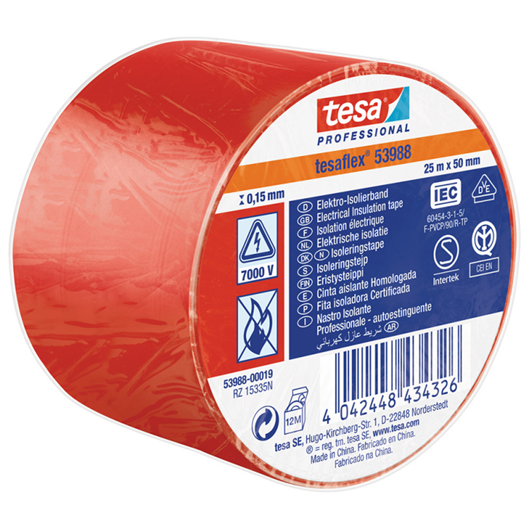 Tesa Professional 1062761 – SPVC-Isolierband rot 25 m x 50 mm | 4 Stück