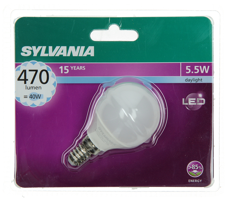 Sylvania 1059973 – Syl-LED-Kugel E14 5,5 W = 40 W, 470 lm, 6500 K | 6 Stück