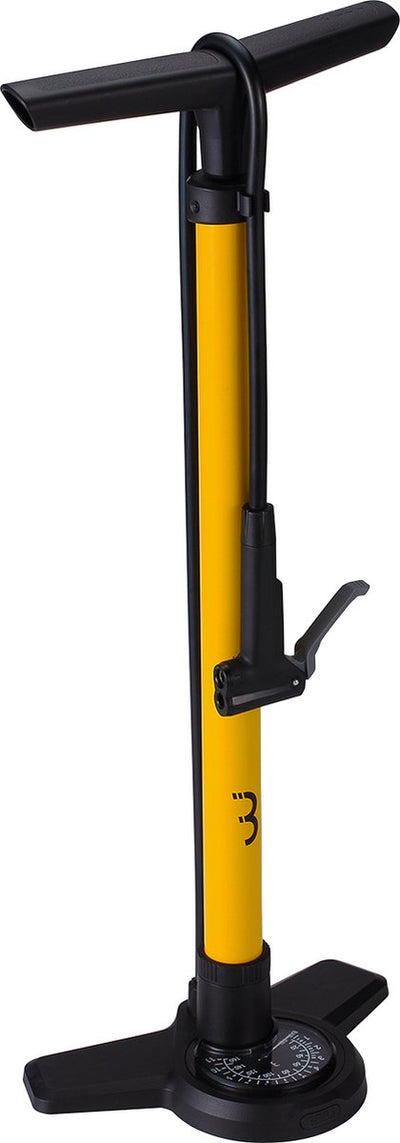 Bbb Cycling Airboost 2.0 Fahrradpumpe mit Manometer – 11 bar 160 psi – Ventile: Dunlop, Presta Schräder – Hochdruck-Standpumpe für Rennrad und MTB – Gelb – BFP-28