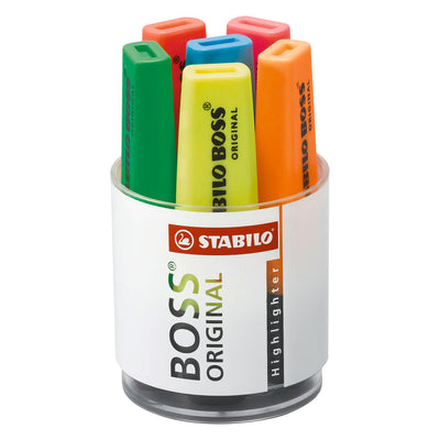 Original-Marker von Stabilo Boss passen in die Box – 6 Stück.