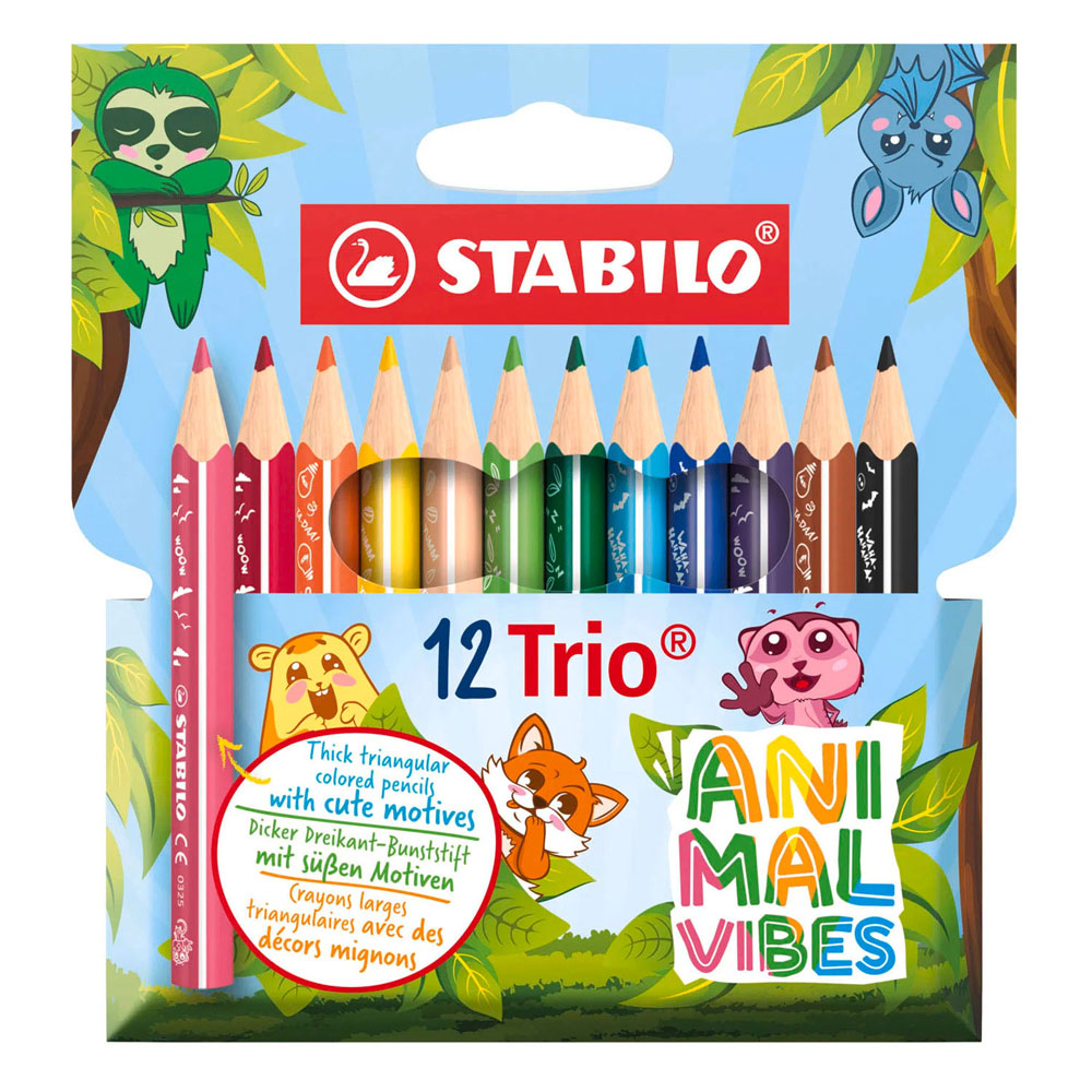 Stabilo Trio dick – dreieckige Buntstifte mit extra dicker Mine – Animal Vibes – Etui mit 12 Farben