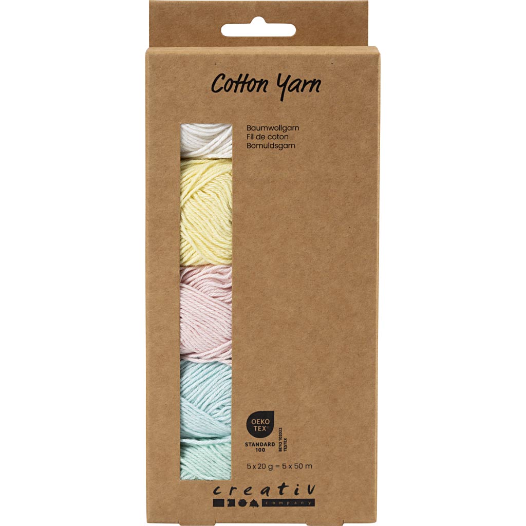 Creativ Company Baumwollgarn, Größe 8 4, L: 5x50 m, Pastellfarben, 5x20 g 1 Box