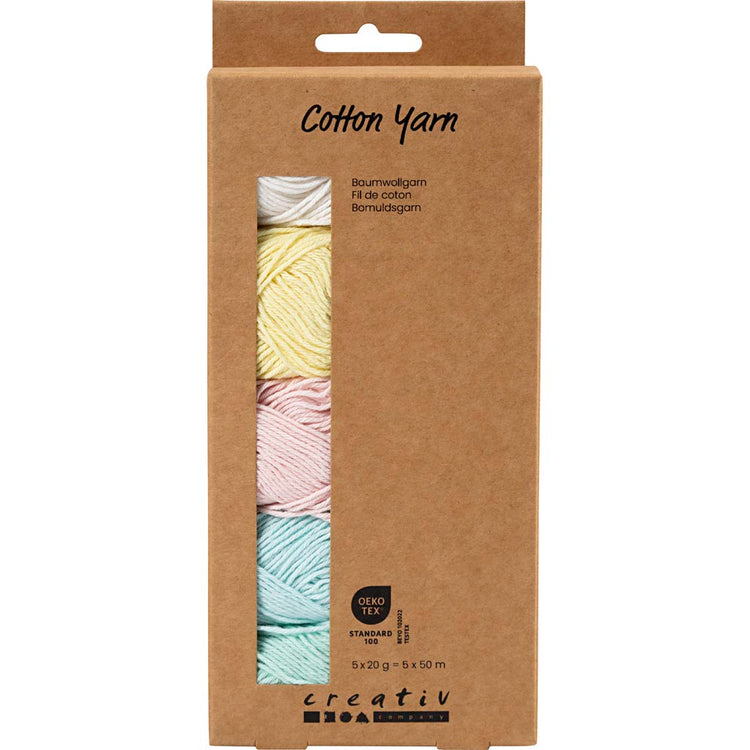 Creativ Company Baumwollgarn, Größe 8 4, L: 5x50 m, Pastellfarben, 5x20 g 1 Box
