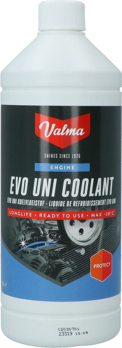 Valma Evo Uni Kühlmittel -38°C 1 Liter – gebrauchsfertig – schützt vor Frost und Korrosion – mischbar mit allen Kühlmitteln – sicher für Lack und Gummi