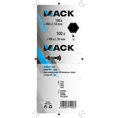 Mack 1007060 - Holzbolzen + Mutter verzinkt 100 Stück 8 x 50 mm | 2 Stk