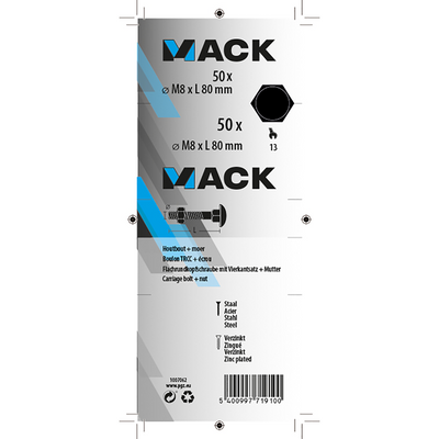 Mack 1007062 - Holzbolzen + Mutter verzinkt 50 Stück 8 x 80 mm | 1 Stk