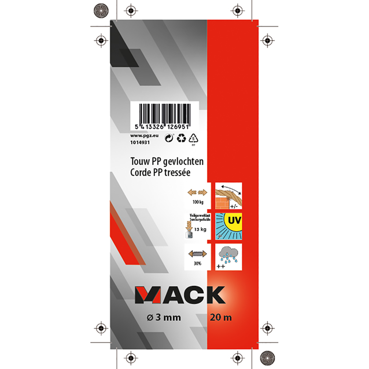 Mack 1014931 - PP-Geflecht, weiß, blau, 3 mm, 20 m | 5 Stück
