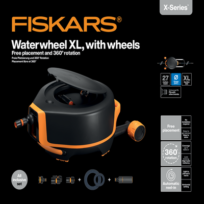 Fiskars 1071996 – automatischer Schlauchaufroller XL mit Rädern inkl. 20 m Gartenschlauch | 1 Stk