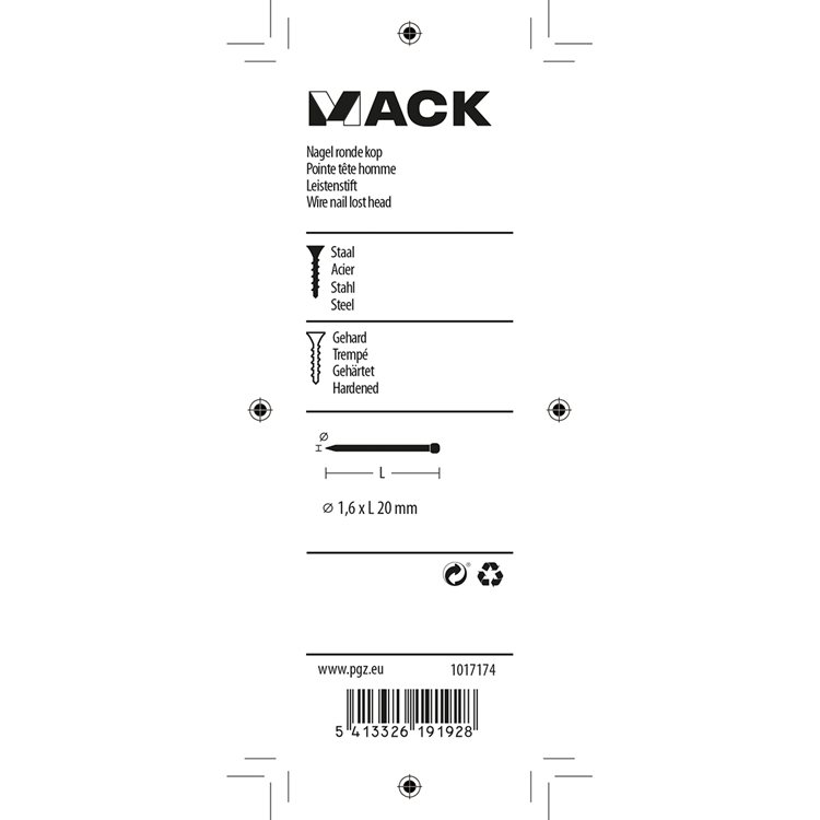Mack 1017174 – Nagel Rundkopf Stahl gehärtet 45 Grad 1,6 x 20 mm | 10 Stück