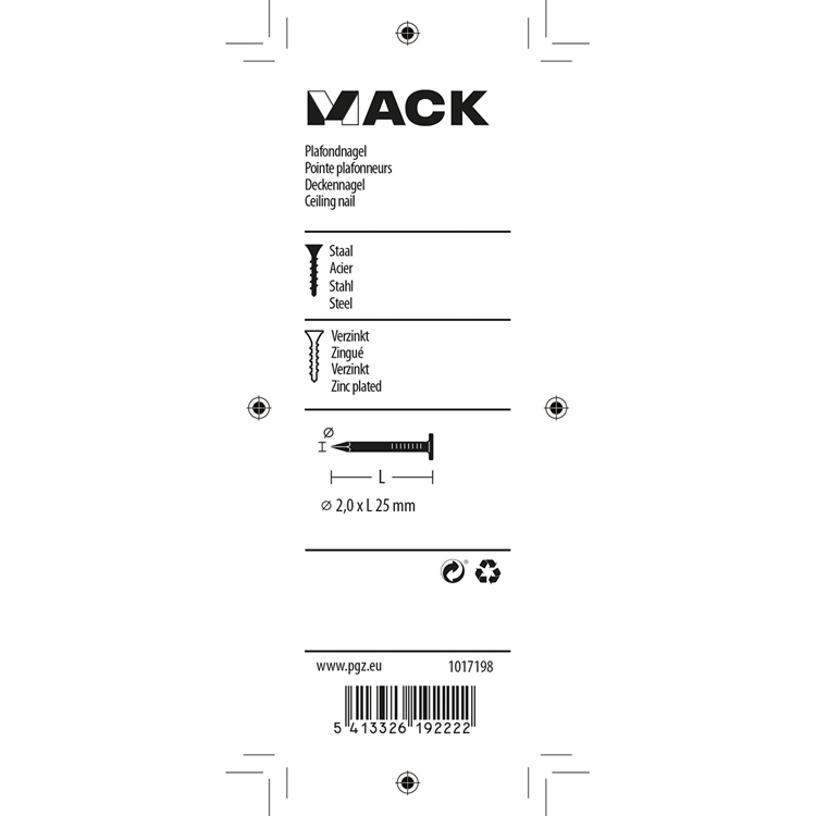 Mack 1017198 – Deckennagel aus verzinktem Stahl 90 g 2,0 x 25 mm | 5 Stück