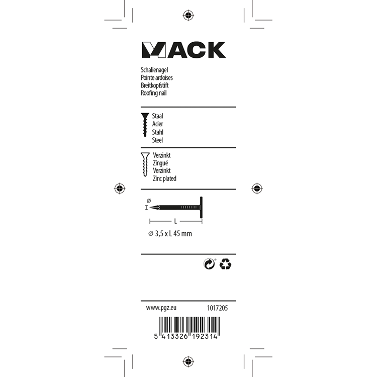 Mack 1017205 – Schiefernagel aus verzinktem Stahl, 100 g, 3,5 x 45 mm | 5 Stück