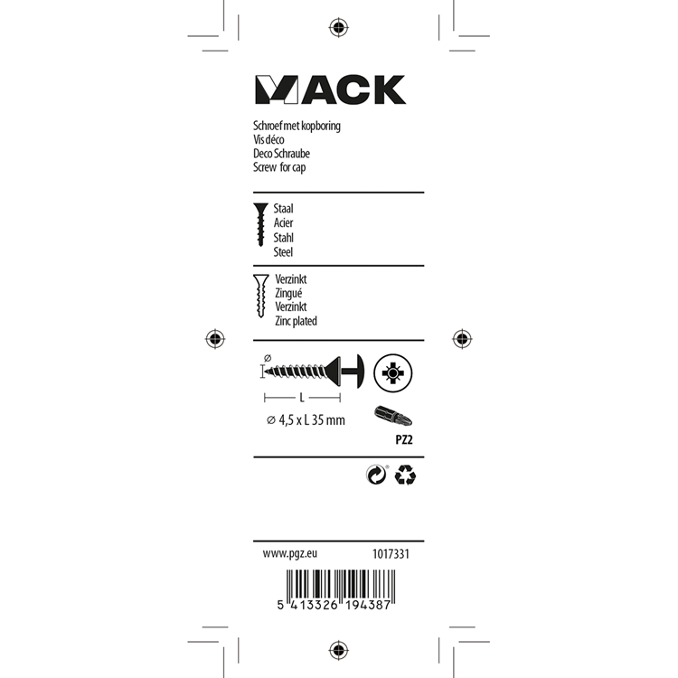 Mack 1017331 - Schraube mit Kopfbohrung, verzinkter Stahl. 12 Stück 4,5 x 35 mm | 10 Stück