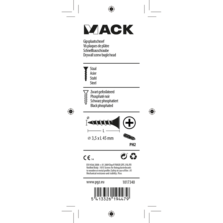 Mack 1017340 - Gipskartonschraube, schwarzes Phosph. 20 Stück 3,5 x 45 mm | 5 Stück