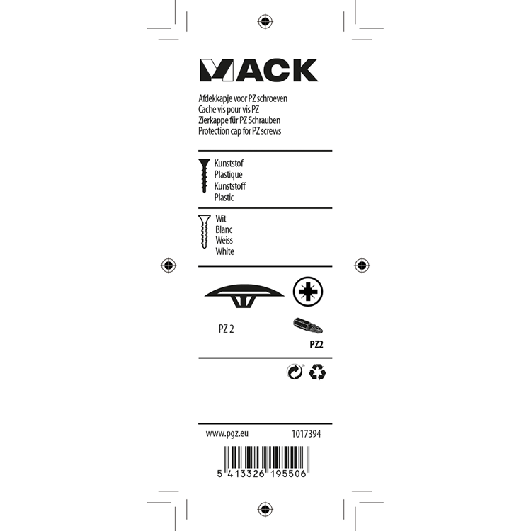 Mack 1017394 – Abdeckkappe für PZ-Schraube, Kunststoff, weiß, 40 Stück, PZ 2 | 10 Stück